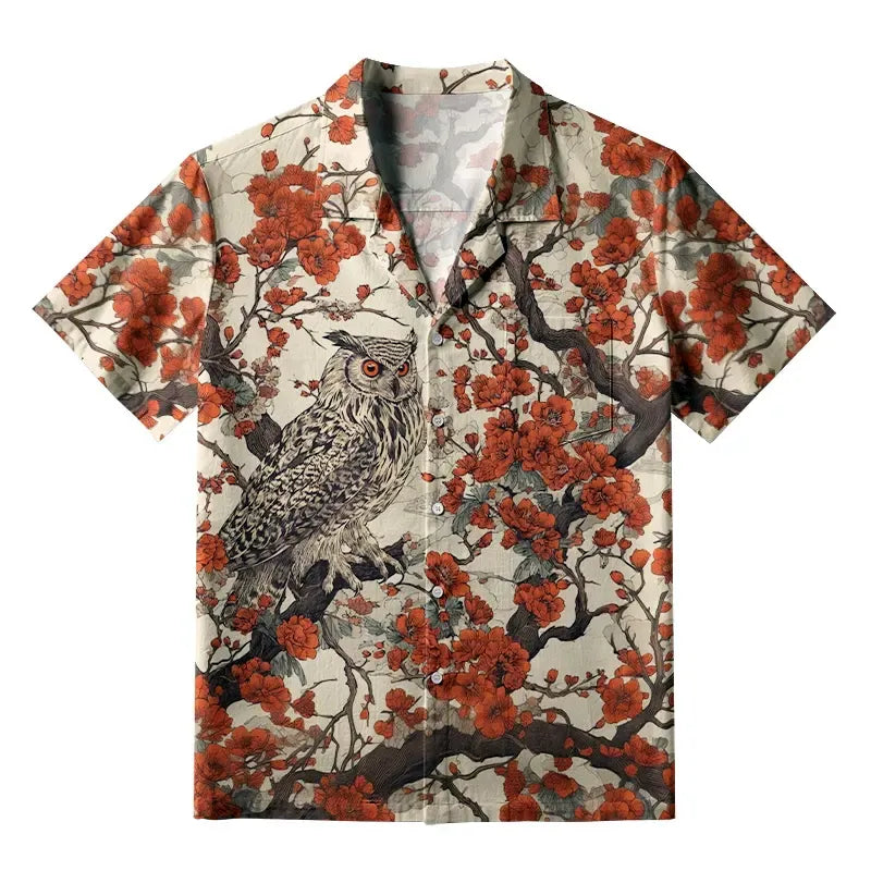 Kyoto-Lion Owl And Plum Blossom Aloha Hawaiian Shirt