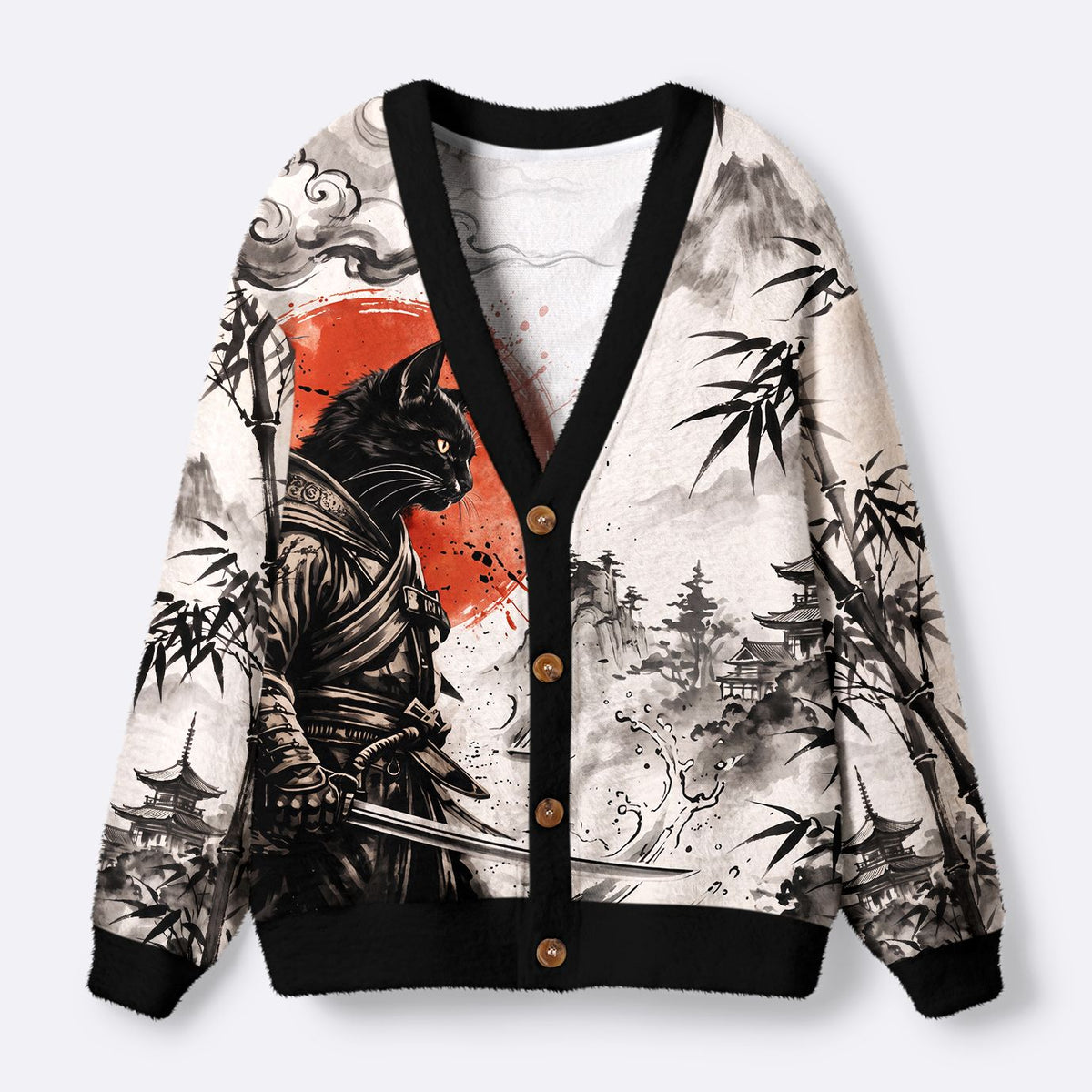 Kyoto-Lion Retro Samurai Cat Ugly Cardigan Sweater