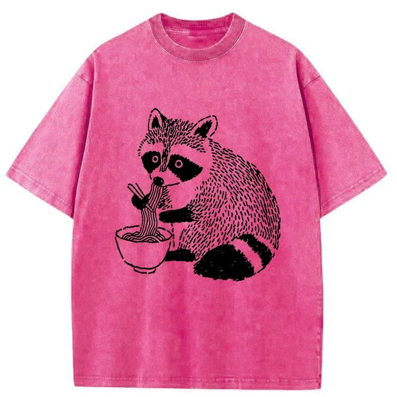 Kyoto-Lion Cute Raccoon Eating Ramen Japanese Funny Washed T-Shirt
