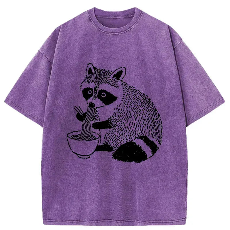 Kyoto-Lion Cute Raccoon Eating Ramen Japanese Funny Washed T-Shirt