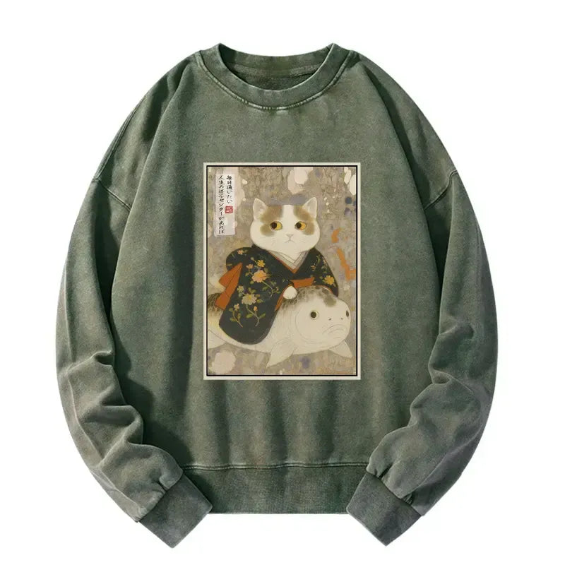 Japanese Cat Art Sweatshirt for Daily Wear