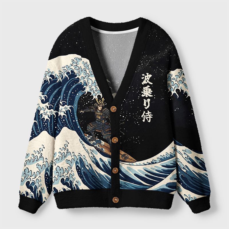 Kyoto-Lion Samurai Wave Ugly Cardigan Sweater