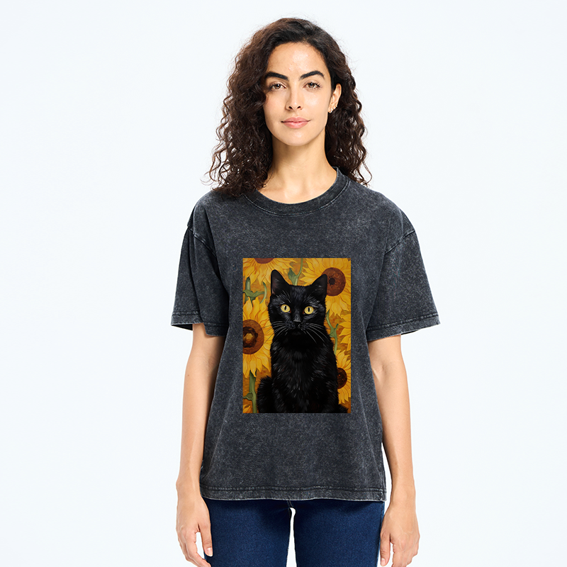 Kyoto-Lion Black Cat Among Sunflowers Washed T-Shirt