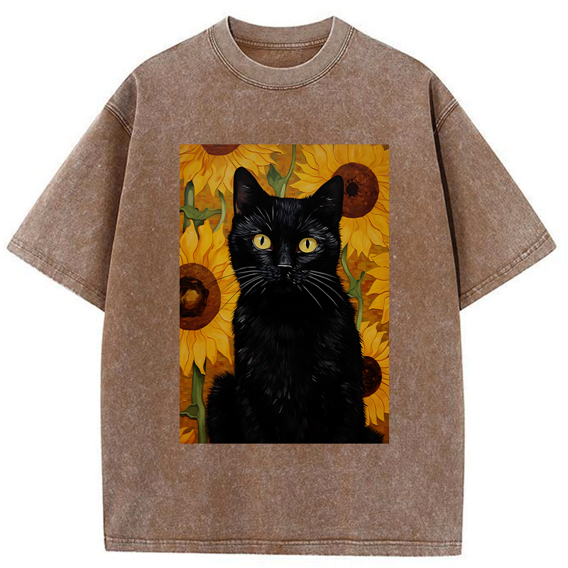 Vintage Washed Black Cat T-Shirt Casual Wear
