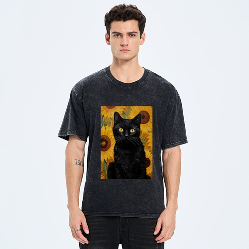 Vintage Washed Black Cat T-Shirt Casual Wear