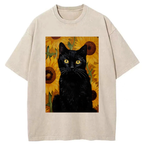 Vintage Washed Black Cat T-Shirt Casual Wear