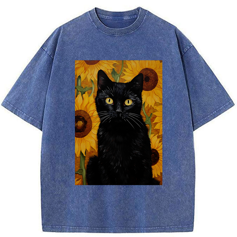 Kyoto-Lion Black Cat Among Sunflowers Washed T-Shirt