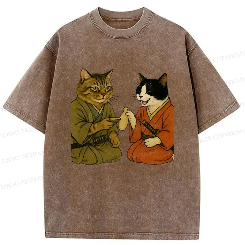 Washed Unisex Cat T-Shirt for Summer