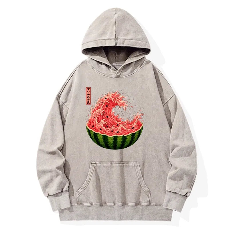 Kyoto-Lion Watermelon Wave Summer Ukiyo Art Washed Hoodie