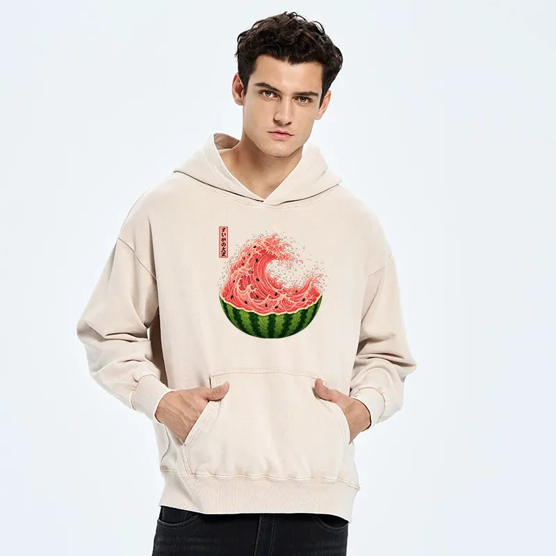 Kyoto-Lion Watermelon Wave Summer Ukiyo Art Washed Hoodie