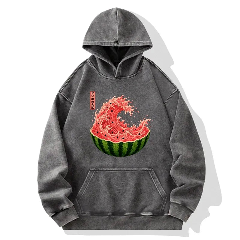 Kyoto-Lion Watermelon Wave Summer Ukiyo Art Washed Hoodie
