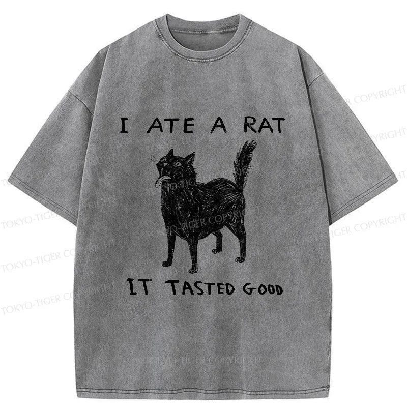 Kyoto-Lion Cat Tasting Delicious Mouse Washed T-Shirt