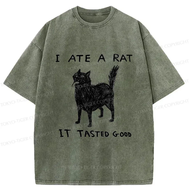 Kyoto-Lion Cat Tasting Delicious Mouse Washed T-Shirt
