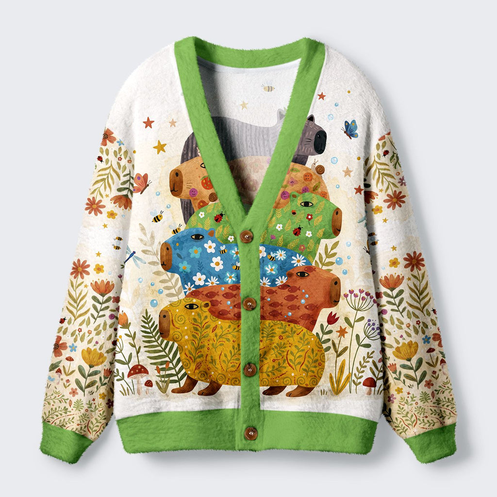 Kyoto-Lion Colorful Capybaras Ugly Cardigan Sweater