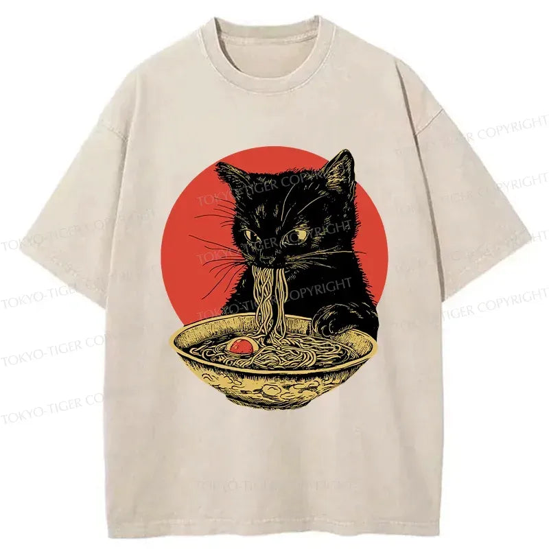 Kyoto-Lion Retro Black Cat Eating Ramen Japan Washed T-Shirt