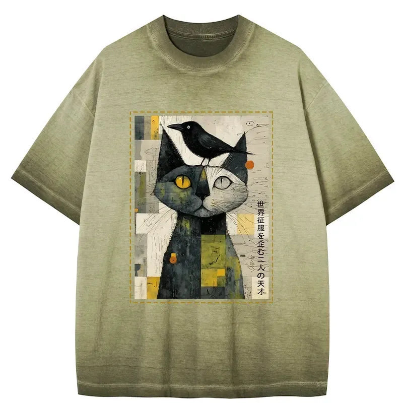 Japanese Cat and Crow Gradient Washed T-Shirt