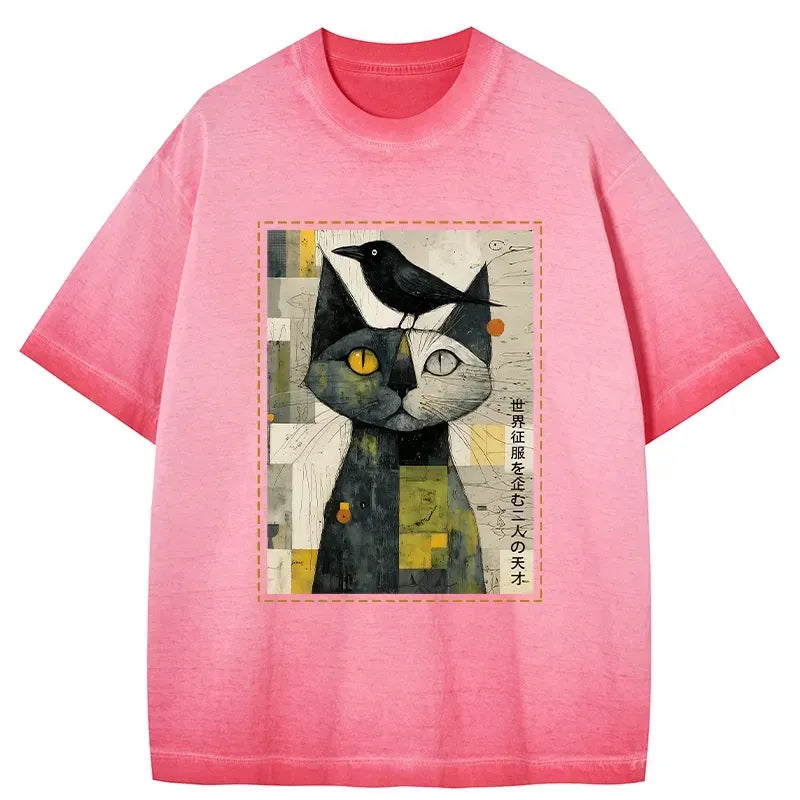Japanese Cat and Crow Gradient Washed T-Shirt