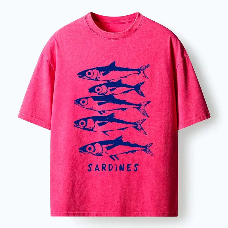 Kyoto-Lion Blue And White Sardines Linocut Art Washed T-Shirt