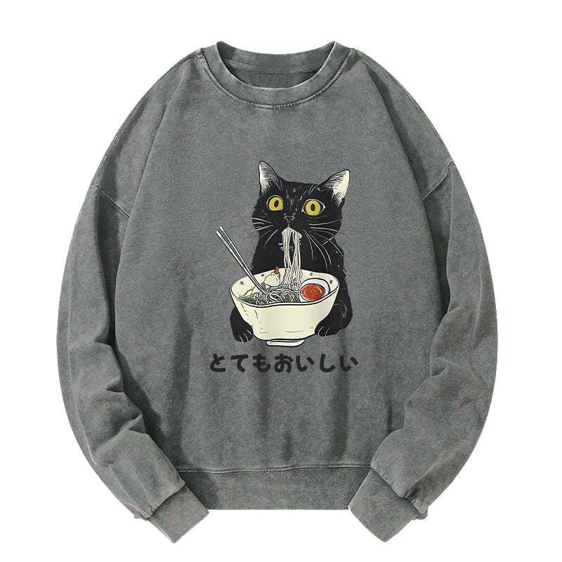 Kyoto-Lion Cats Eat Ramen Noodles Washed Sweatshirt