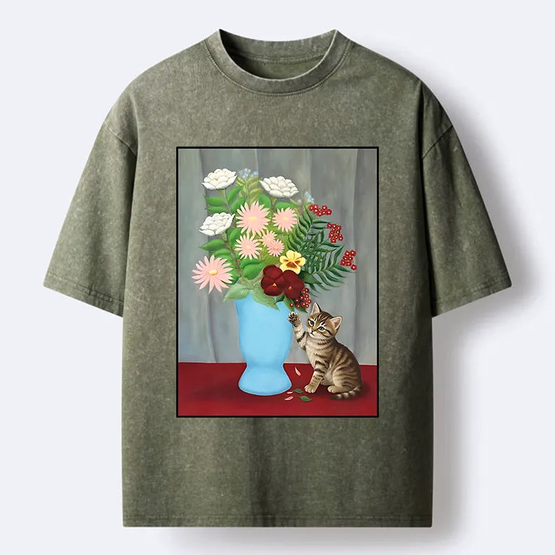 Kyoto-Lion Vintage Flower Cat Washed T-Shirt