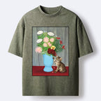 Kyoto-Lion Vintage Flower Cat Washed T-Shirt
