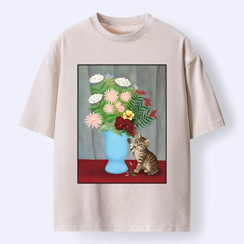 Kyoto-Lion Vintage Flower Cat Washed T-Shirt