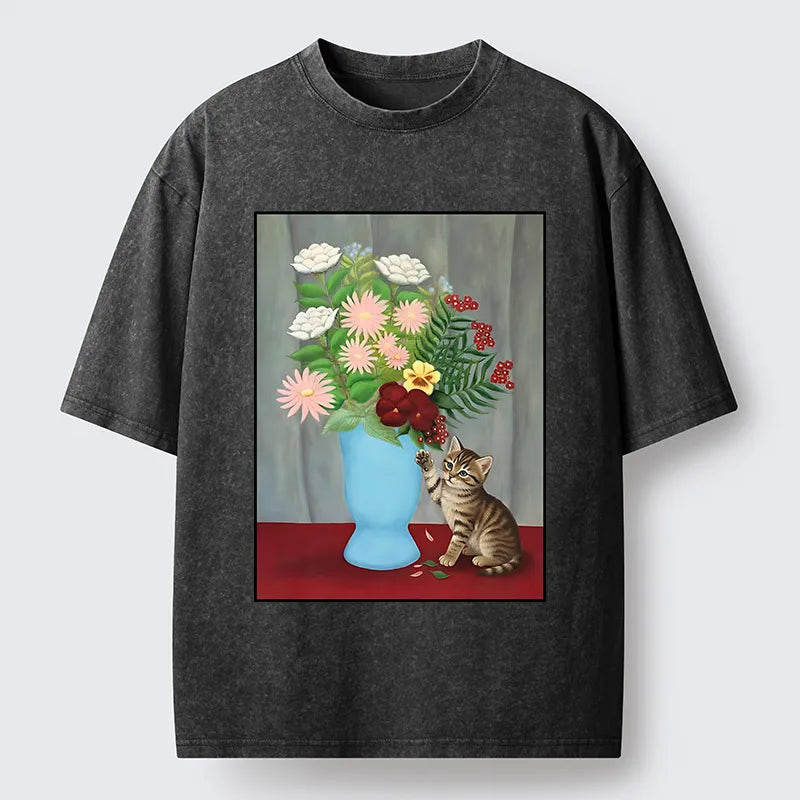 Kyoto-Lion Vintage Flower Cat Washed T-Shirt