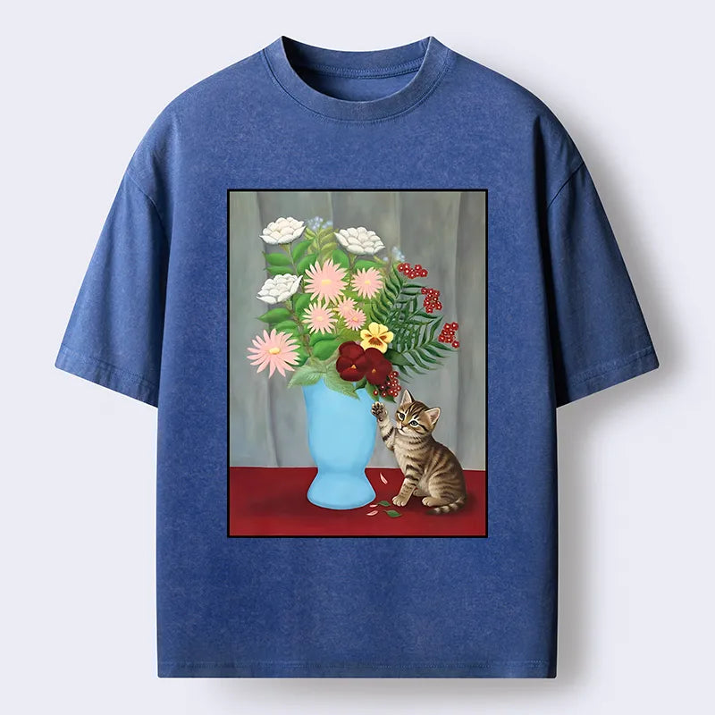 Kyoto-Lion Vintage Flower Cat Washed T-Shirt