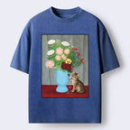 Kyoto-Lion Vintage Flower Cat Washed T-Shirt