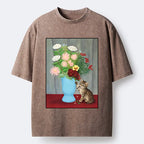 Kyoto-Lion Vintage Flower Cat Washed T-Shirt