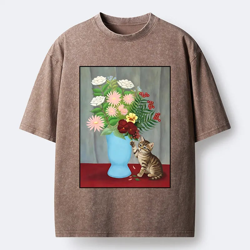 Kyoto-Lion Vintage Flower Cat Washed T-Shirt