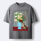 Kyoto-Lion Vintage Flower Cat Washed T-Shirt