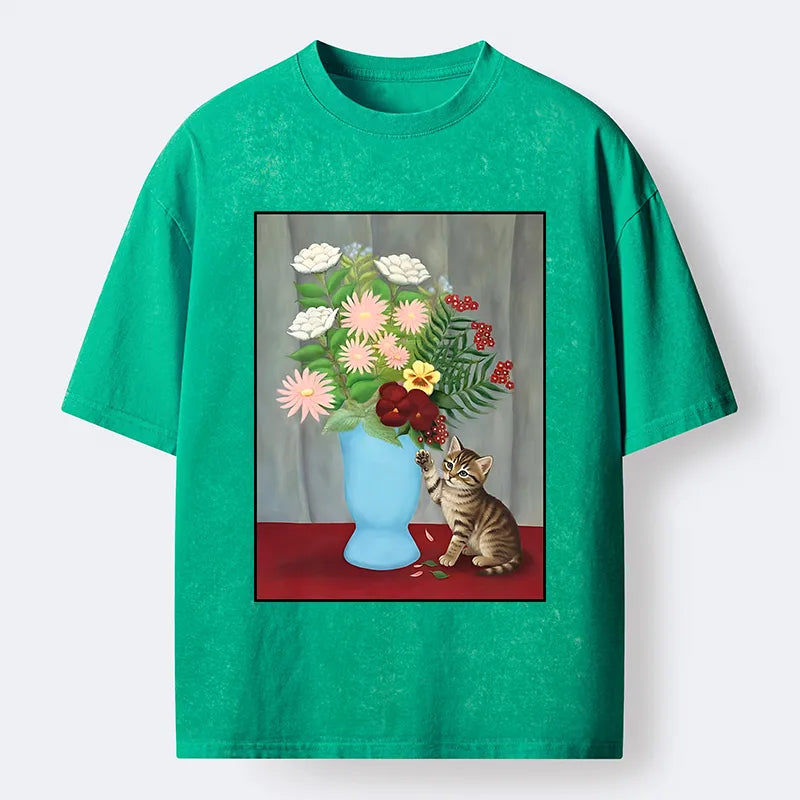 Kyoto-Lion Vintage Flower Cat Washed T-Shirt