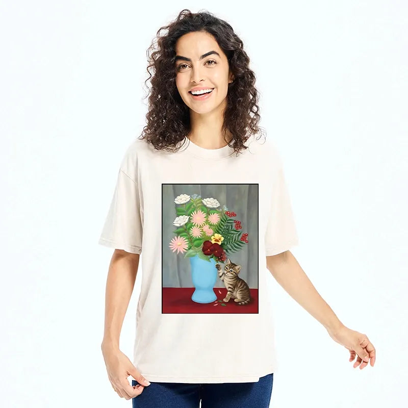 Kyoto-Lion Vintage Flower Cat Washed T-Shirt