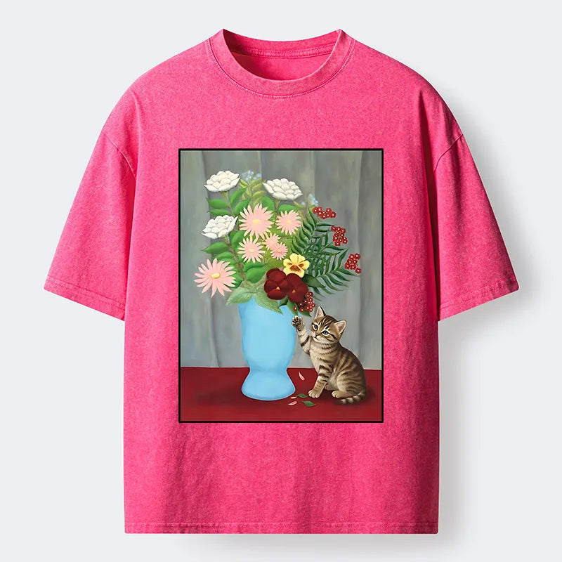 Kyoto-Lion Vintage Flower Cat Washed T-Shirt