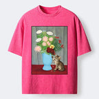 Kyoto-Lion Vintage Flower Cat Washed T-Shirt