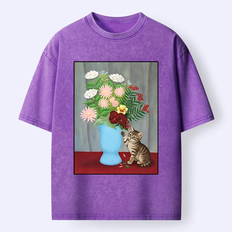 Kyoto-Lion Vintage Flower Cat Washed T-Shirt