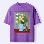 Kyoto-Lion Vintage Flower Cat Washed T-Shirt