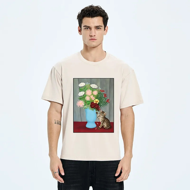 Kyoto-Lion Vintage Flower Cat Washed T-Shirt