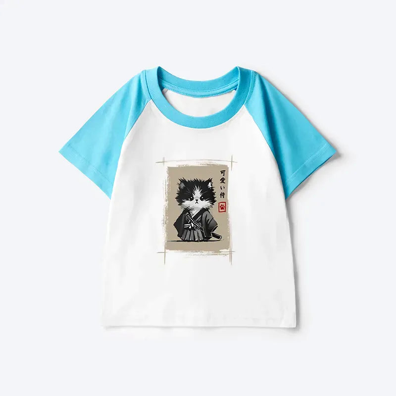Kyoto-Lion Kitten Samurai Kids Raglan T-shirt