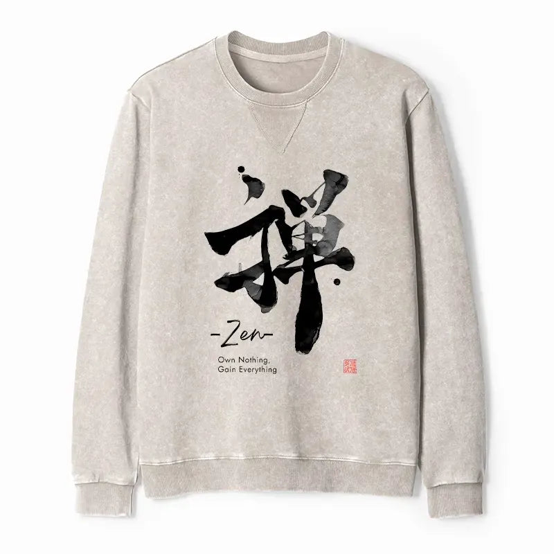 Kyoto-Lion Zen Texts Washed Terry Sweatshirt