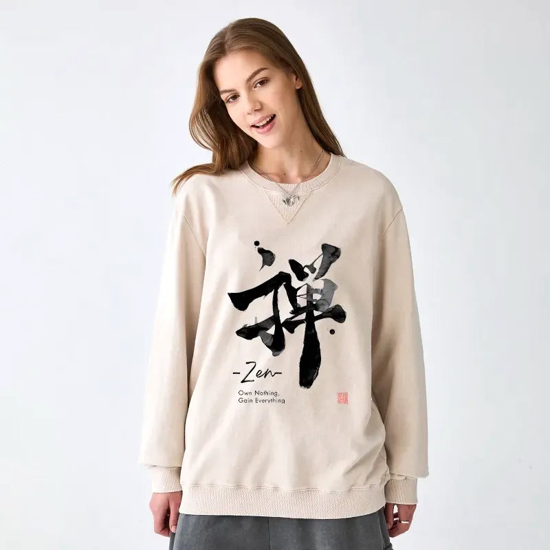 Kyoto-Lion Zen Texts Washed Terry Sweatshirt