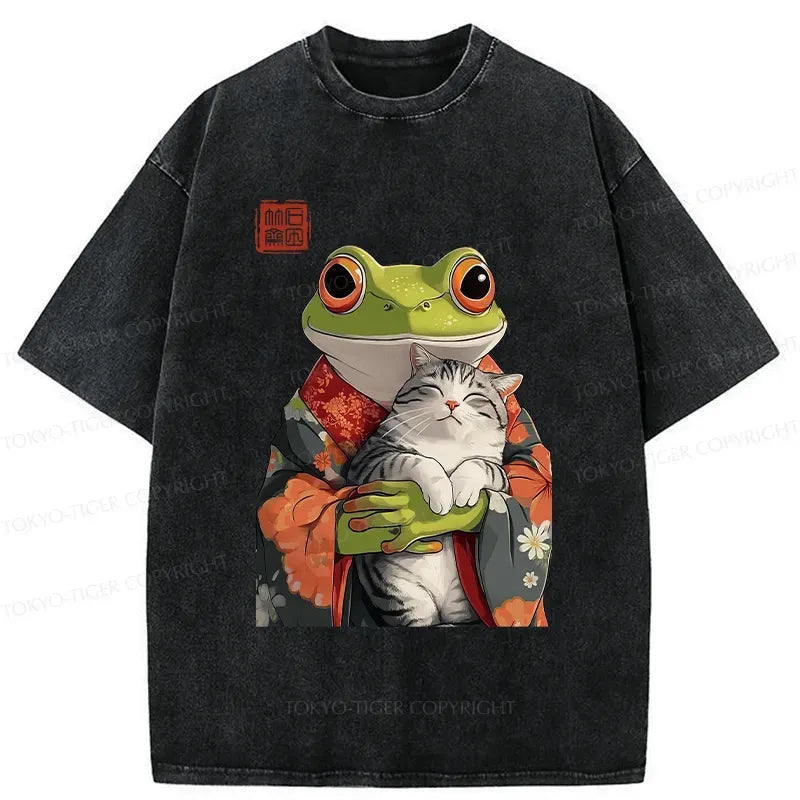 Japanese Frog Cat Washed T-Shirt