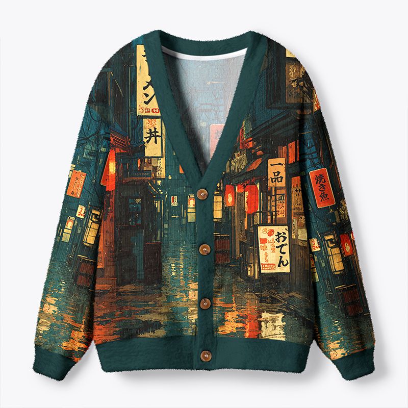 Kyoto-Lion Retro Japanese Street Scene Ugly Cardigan Sweater
