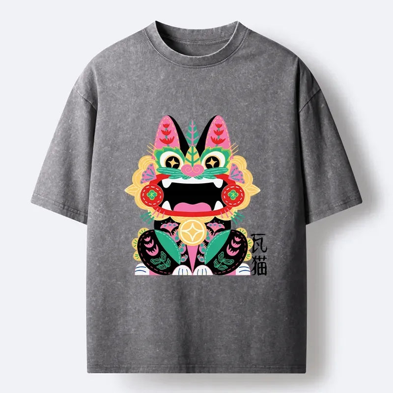 Washed Unisex Cat Tee for Daily Wear