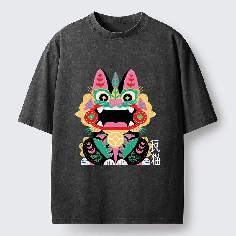 Washed Unisex Cat Tee for Daily Wear