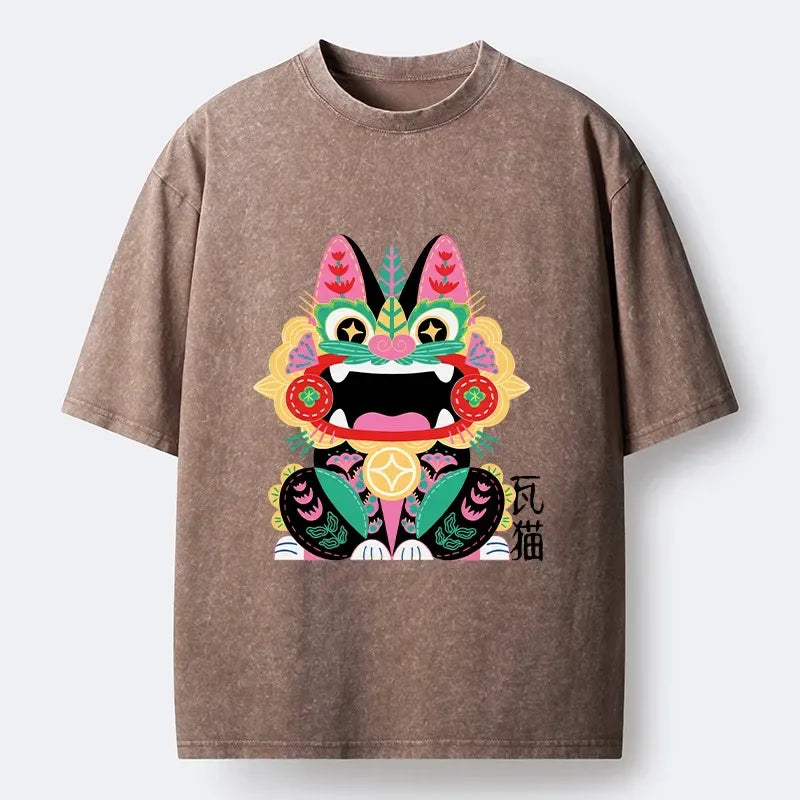 Washed Unisex Cat Tee for Daily Wear