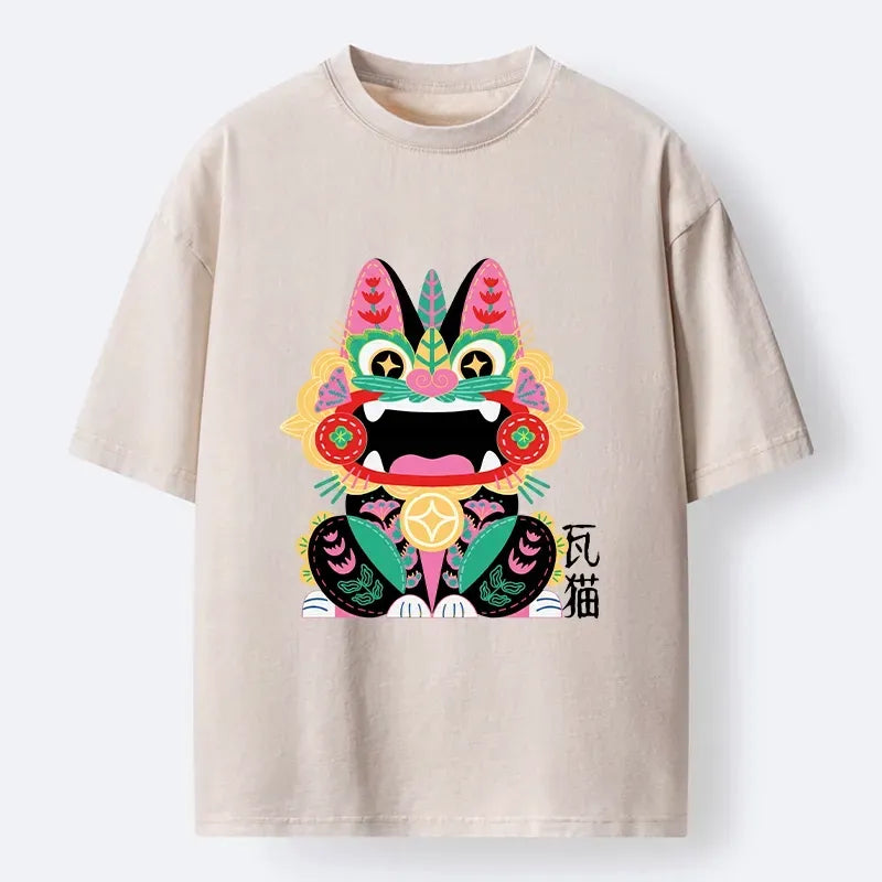 Kyoto-Lion Colorful Meme Cat With Folk Style Washed T-Shirt