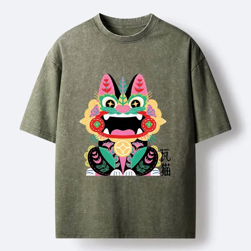 Kyoto-Lion Colorful Meme Cat With Folk Style Washed T-Shirt