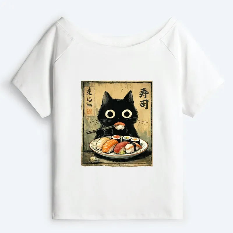 Kyoto-Lion Vintage Japanese Sushi Cat Off Shoulder T-Shirt
